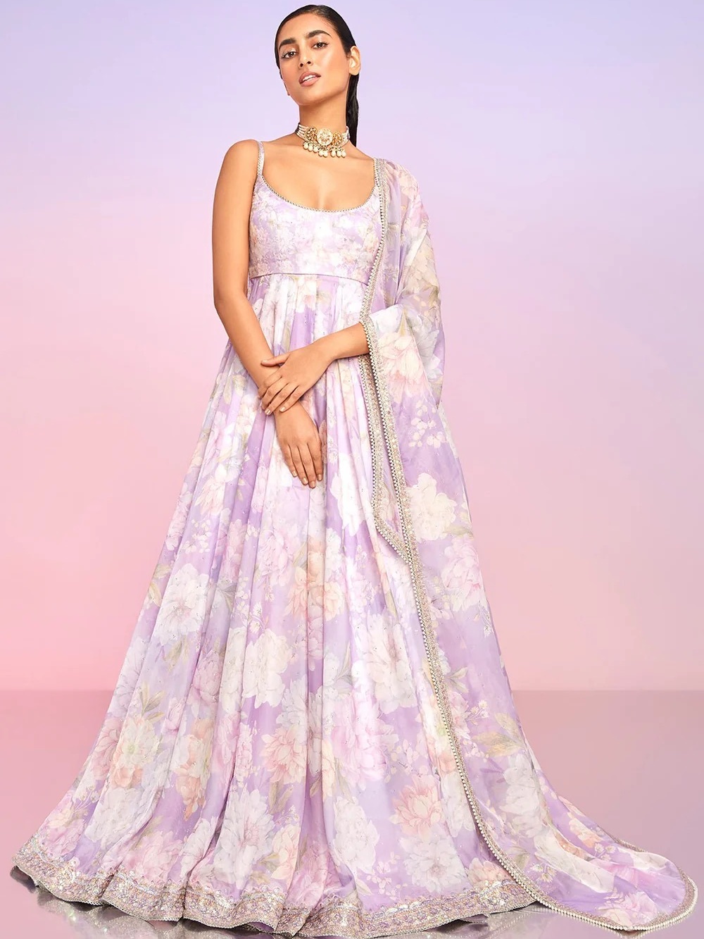 Lavender Floral Anarkali with Dupatta